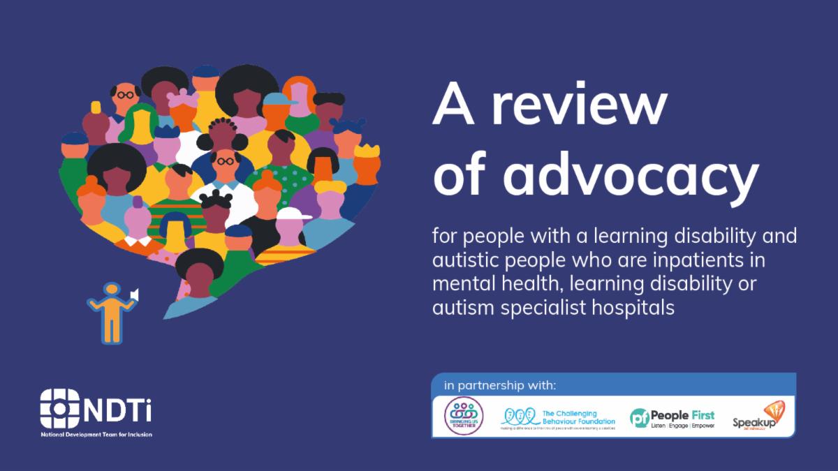 Graphic of speech bubble and person with loud speaker. Words: A review of advocacy for people with a learning disability and autistic people in mental health settings. Logos from partners involved.