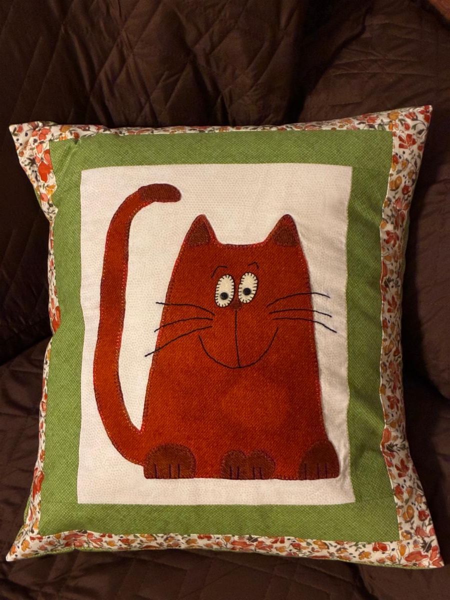 Ellie Kitty Pillow with whimsical cat appliqué