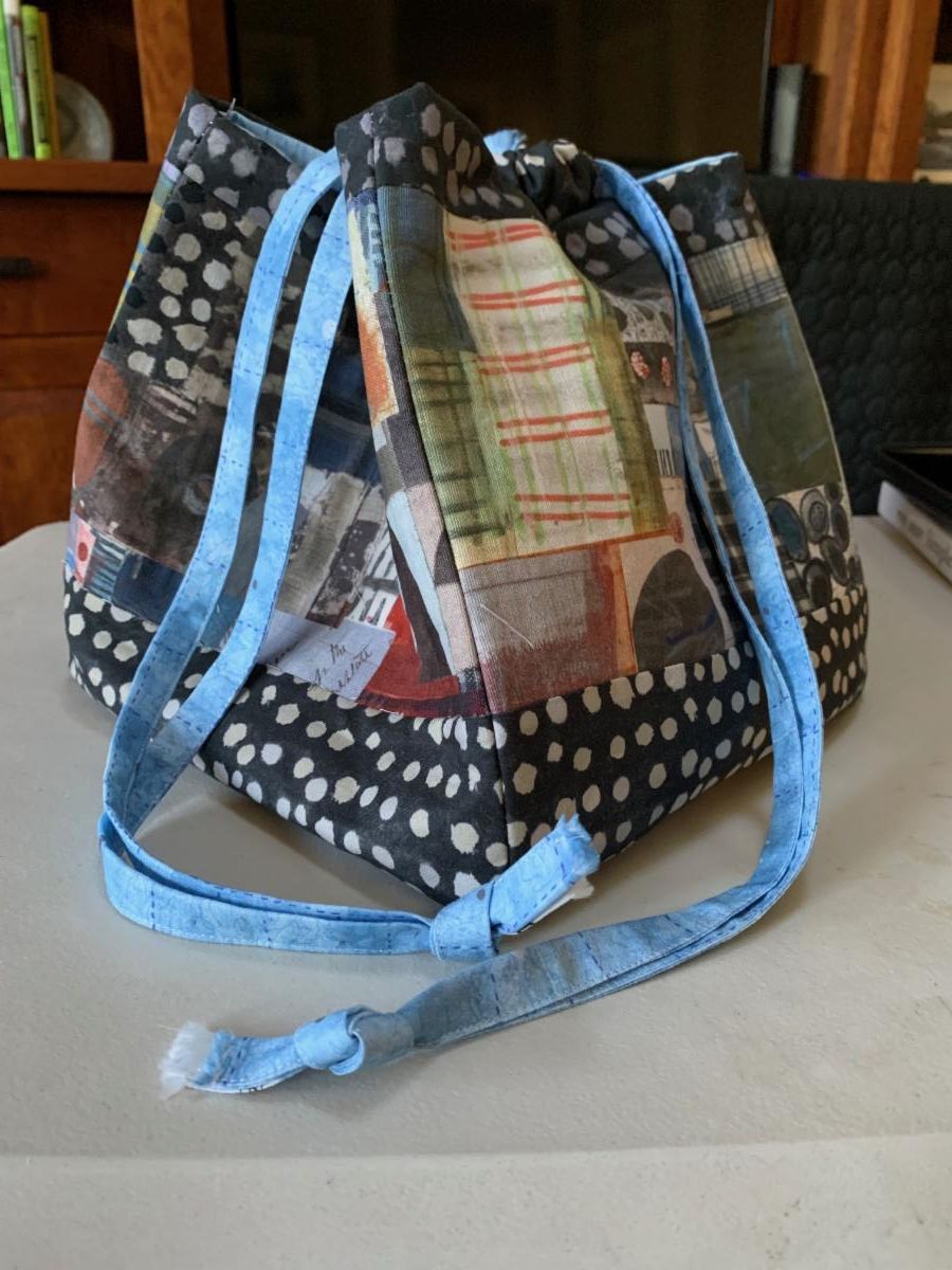 Patchwork Rice Bag with blue fabric straps