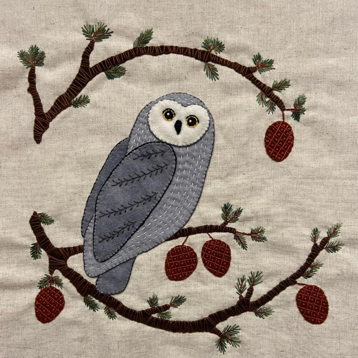 Walk in the Woods owl wool appliqué block