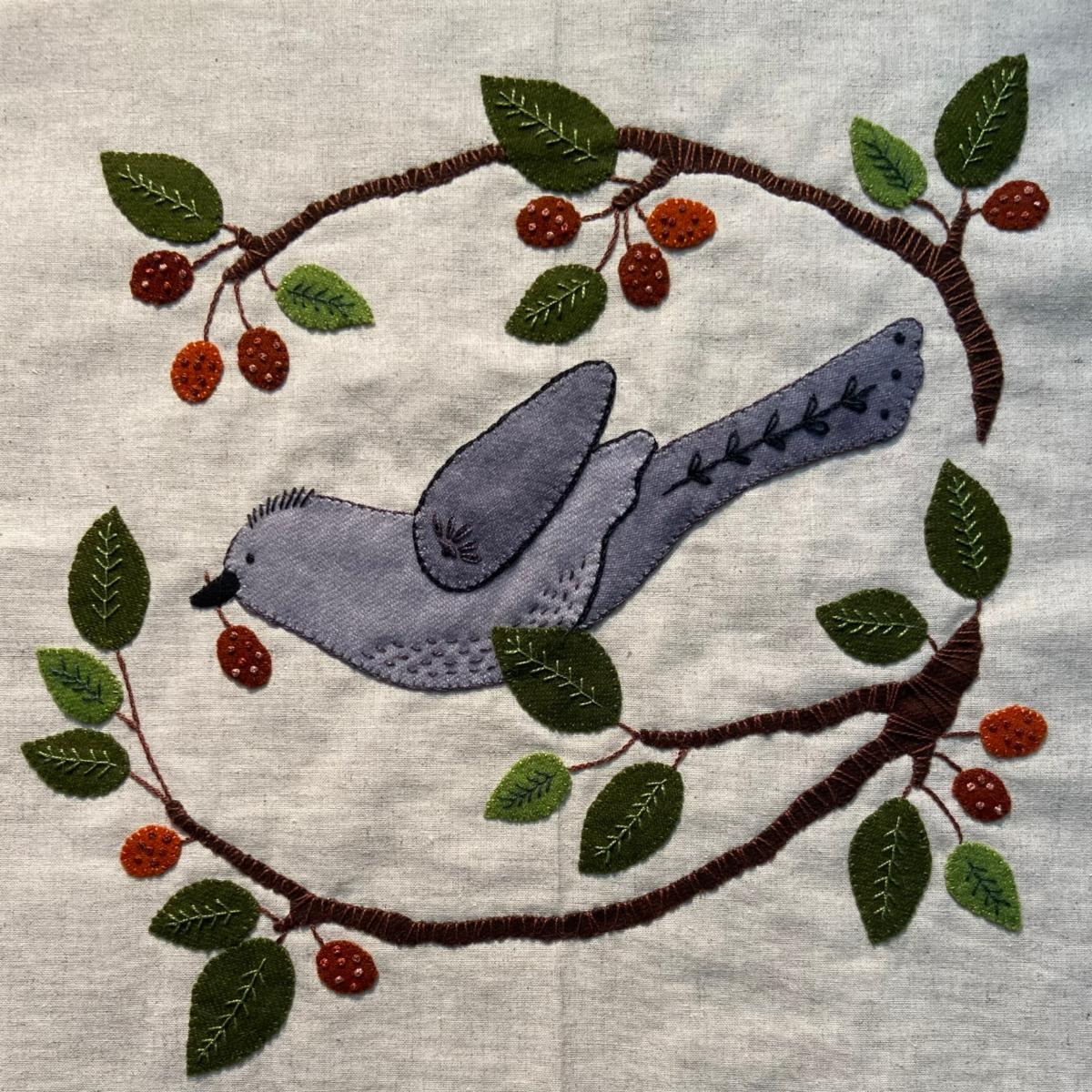 Walk in the Woods wool appliqué bird and berry branches