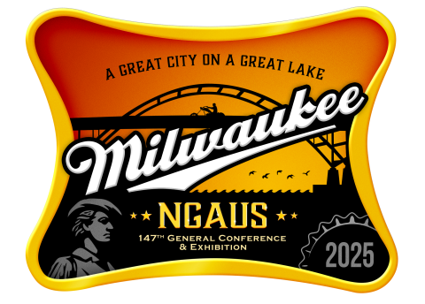 The National Guard Association of the United States 2025 conference logo which is the word Milwaukee superimposed over an arched bridge and sunset color scheme.