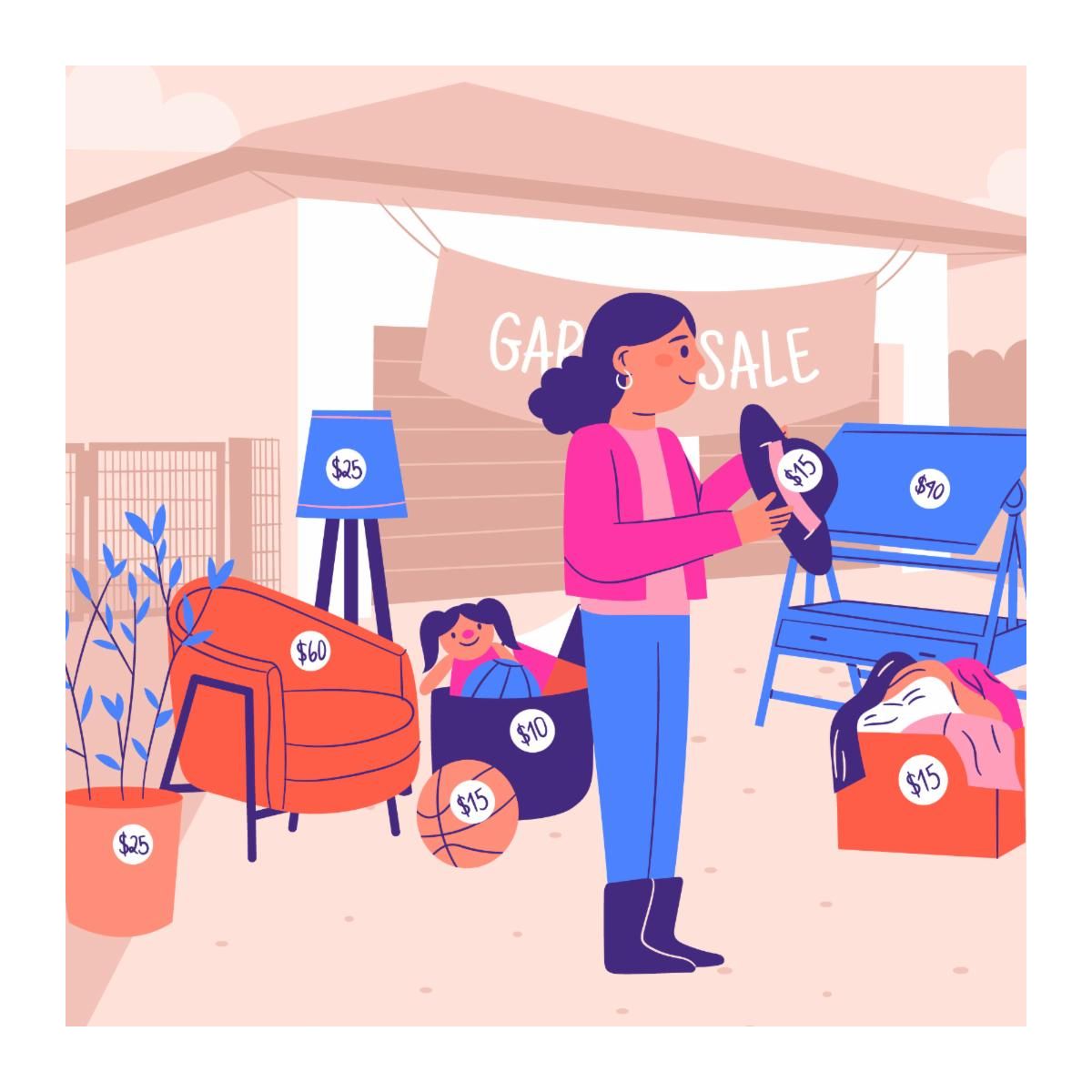 illustration of woman holding a yard sale with priced items in the background