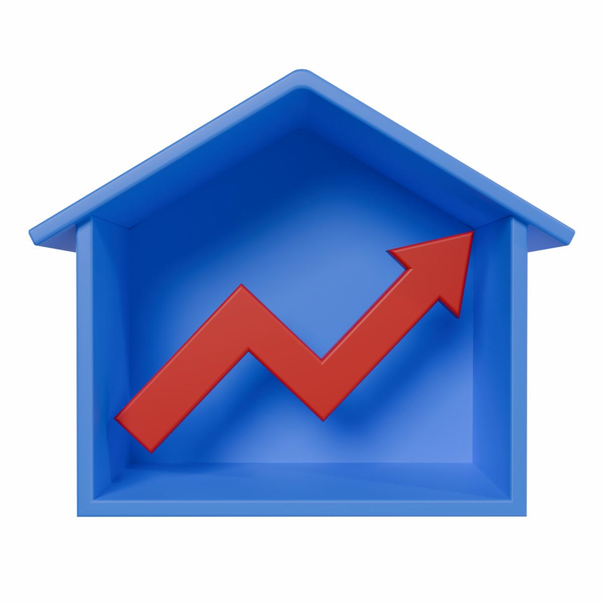 3D illustration of a red upward arrow inside a blue house shape symbolizing real estate growth property value increase housing market rise investment and financial success