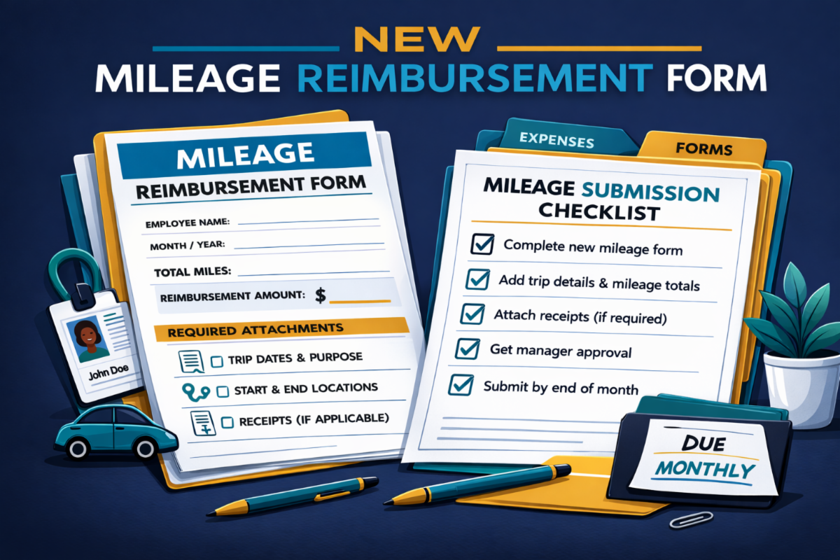 Text saying New Mileage Reimbursement Form with two forms next to each other