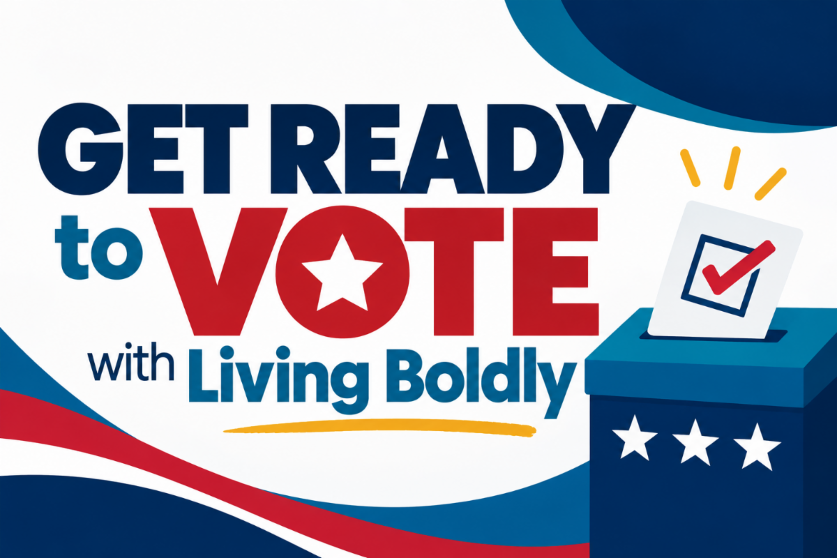 Text reading Get Ready to Vote with Living Boldly and a voting box