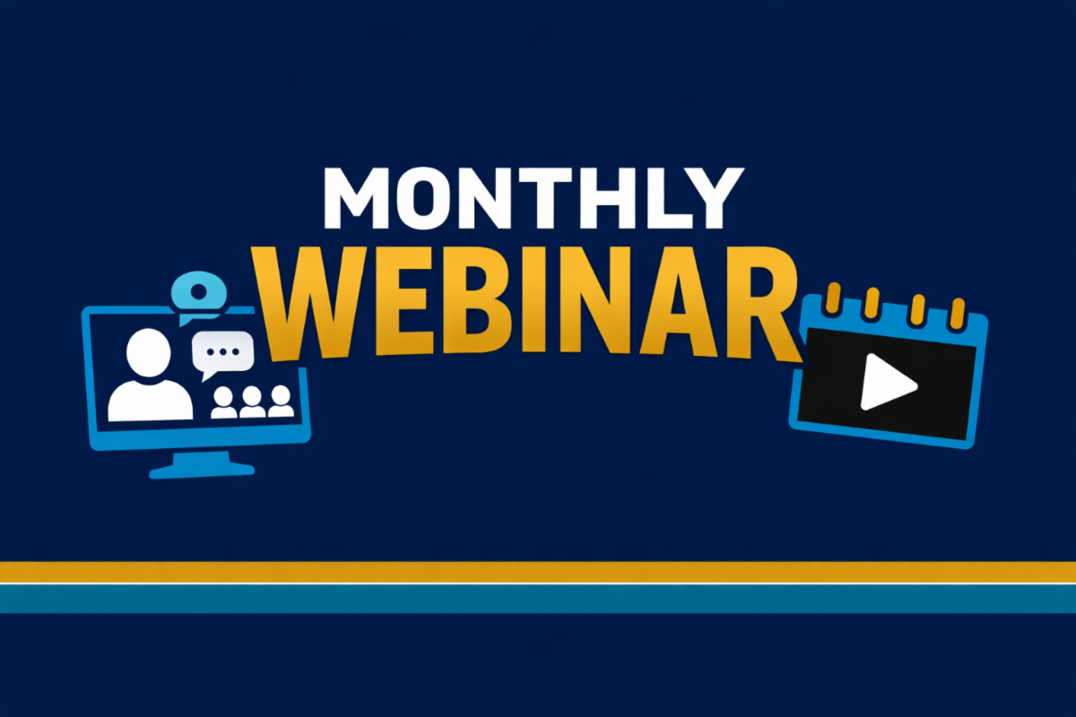 text saying Monthly Webinar with two small computer screens on each side