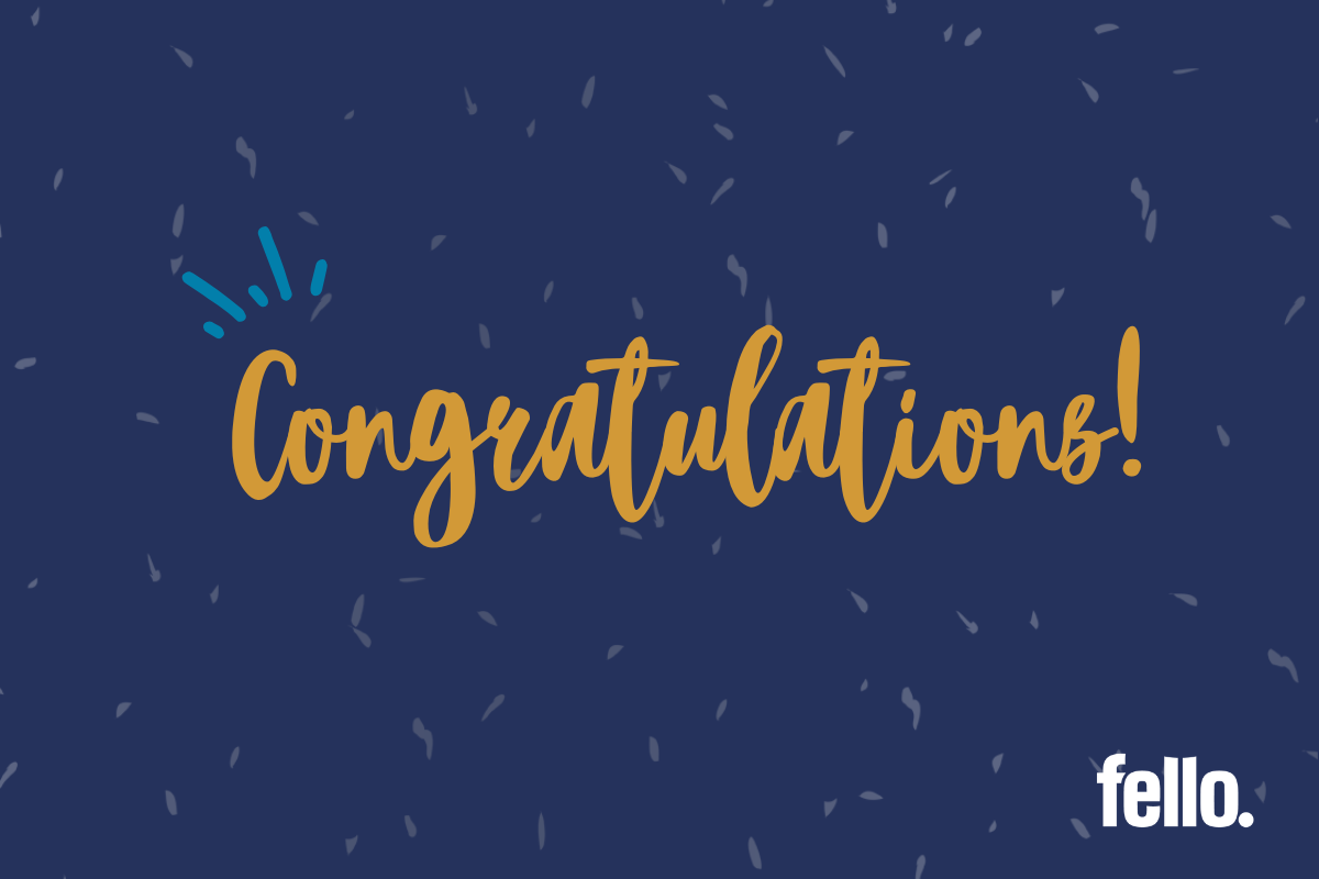Blue background with the word congratulations in gold and a white fello logo in the lower right corner