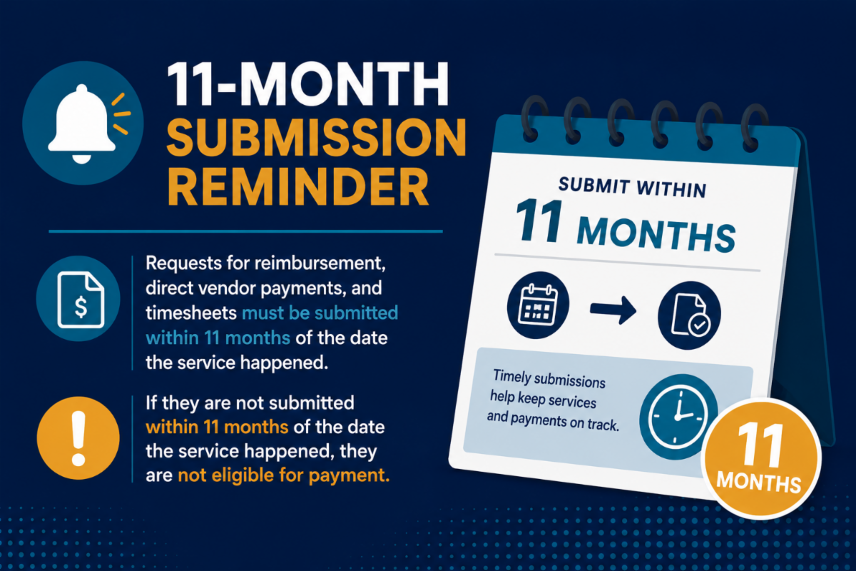 Requests for reimbursement, direct vendor payments, and timesheets must be submitted within 11 months of the date the service happened. If they are not submitted within 11 months of the date the service happened, they are not eligible for payment.