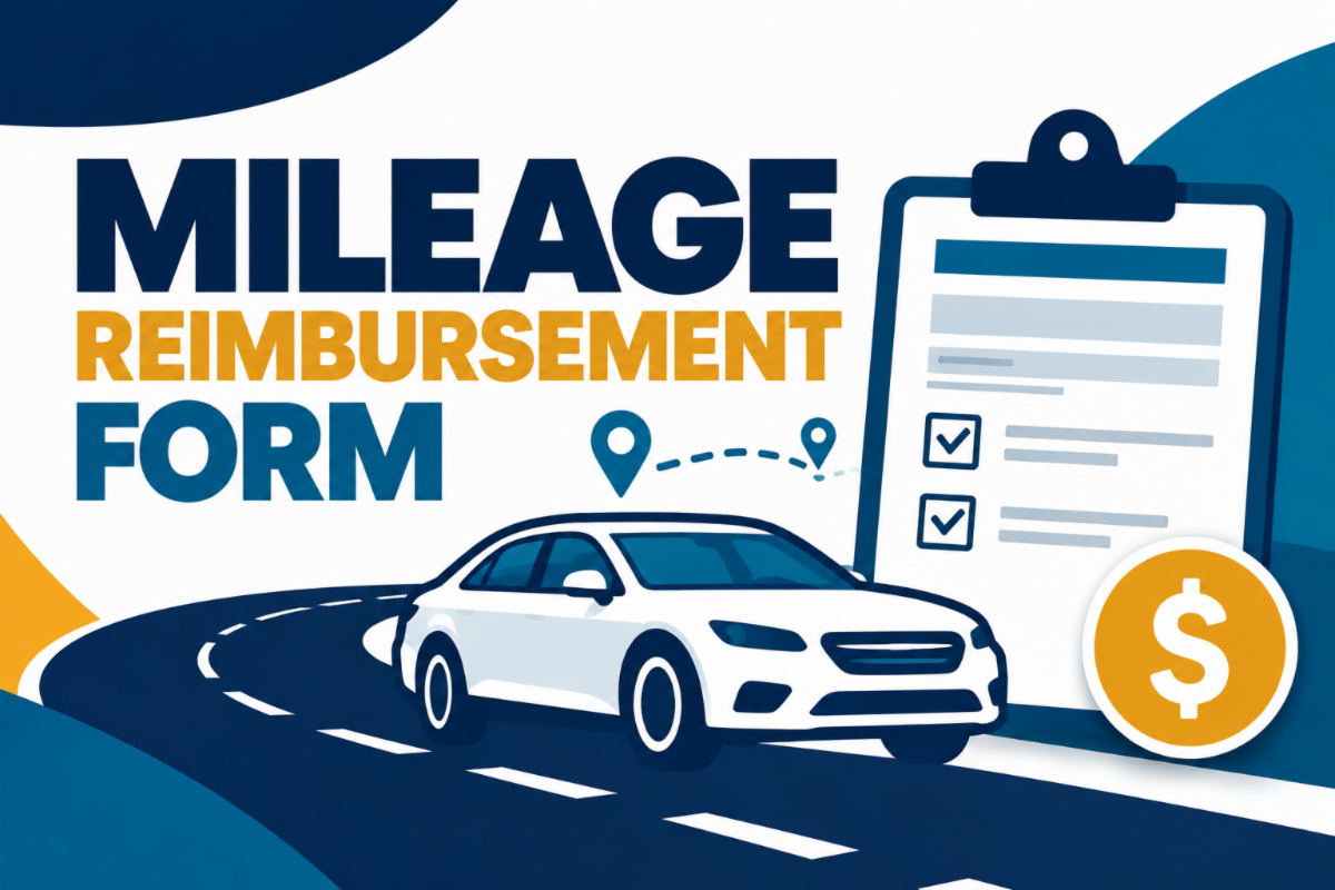 Text that says Mileage Reimbursement Form image with a car and money symbol