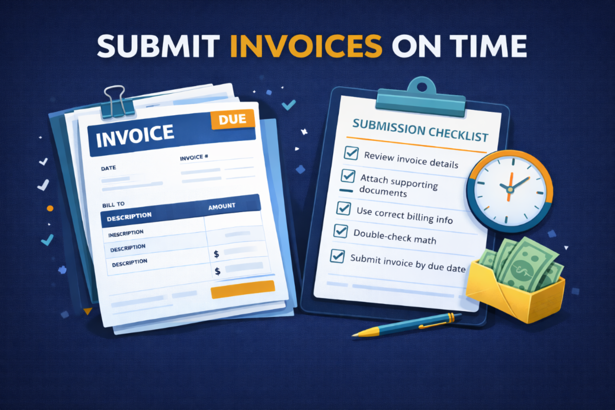 text saying submit invoices on time with an invoice on a clipboard and a check list on another clipboard