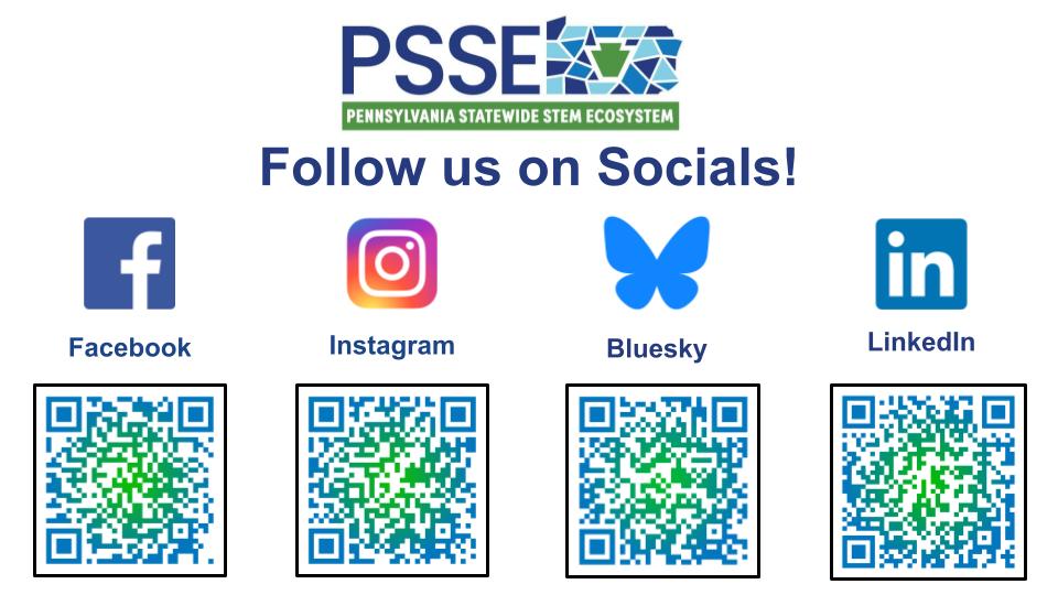 PSSE Socials with QR codes FB Insta Bluesky and LinkedIn