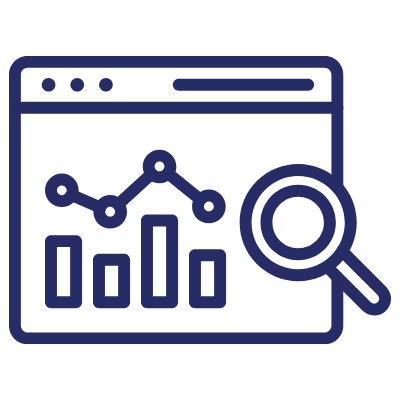 A blue line illustration of a webpage featuring line and bar graphs. Overlapping the webpage is a large magnifying glass representing the research process.