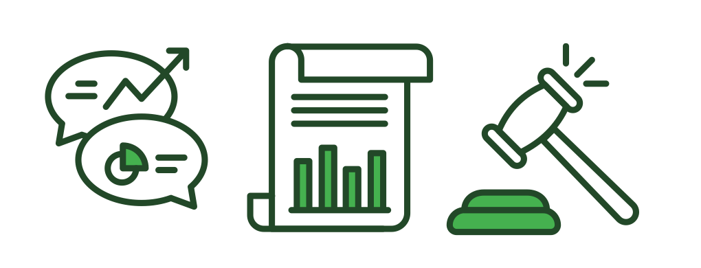 Three icons representing speech and a paper report with a bar graph and a courtroom gavel.
