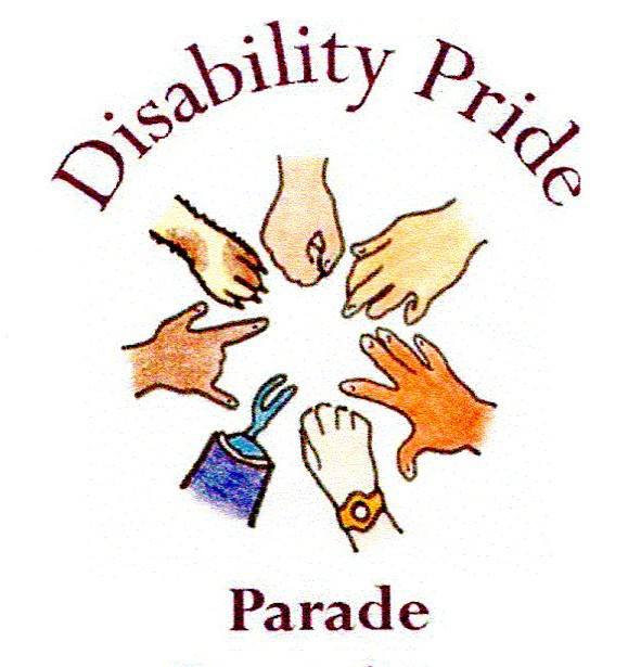 Disability Pride Parade logo illustration with a circle of hands of different colors including a prosthetic hand and a service animal's paw