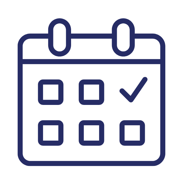 Icon of a calendar with grid layout and checkmark indicating scheduled or completed event.