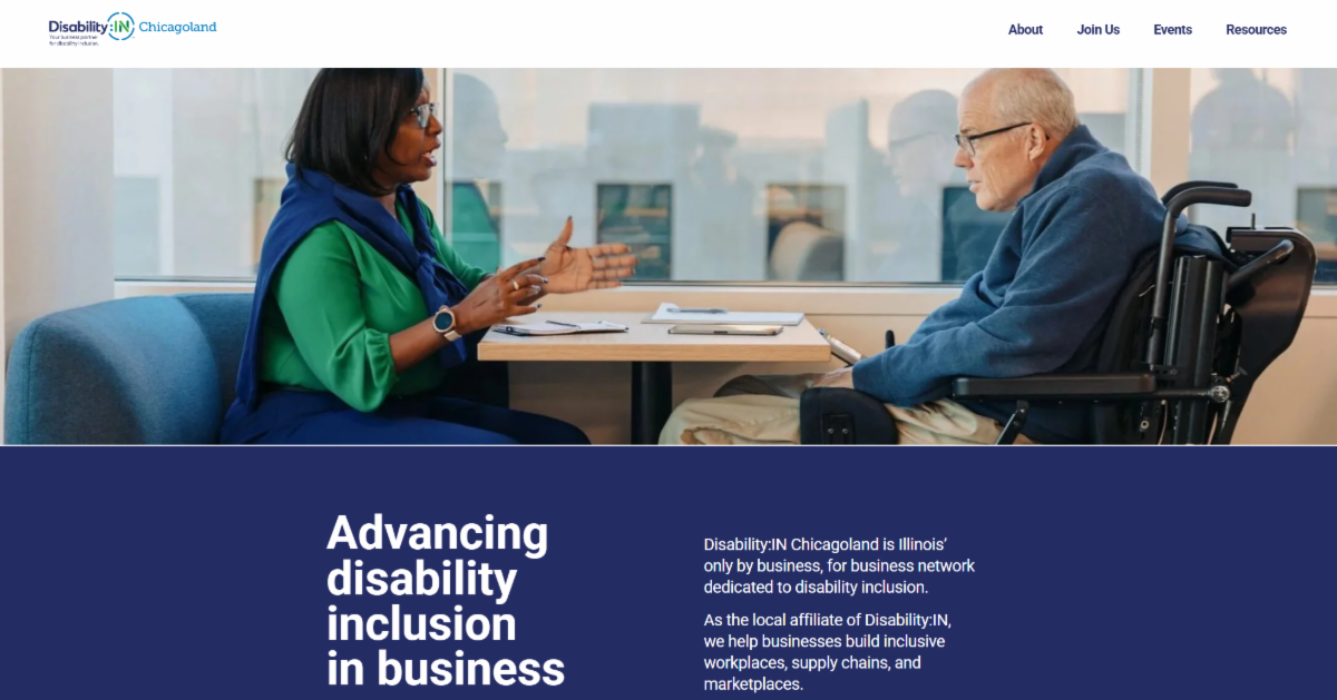 Screenshot of the DisabilityIN Chicagoland website homepage with navigation bar at the top DisabilityIN Chicagoland log and image of a woman and man with disabilities meeting at a table in an office with text reading Advancing disability inclusion in business