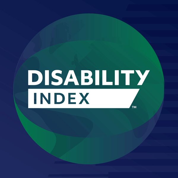 Disability Index logo featuring white and teal text on a green and blue circular background.