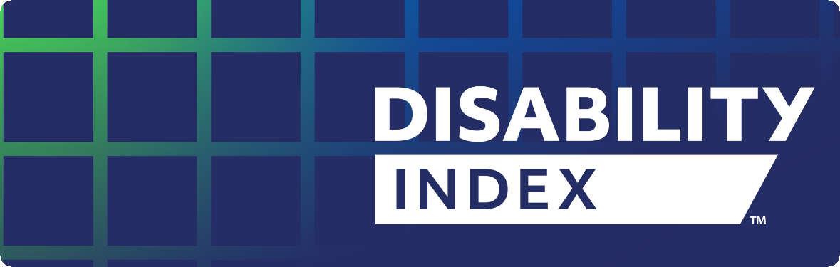 Disability Index logo featuring white text on a dark blue background with a geometric pattern of green and teal gradient squares arranged in a grid on the left side.