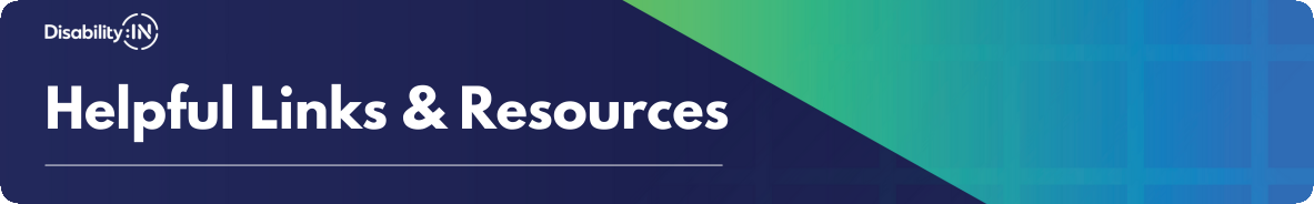 Dark blue to green gradient background. White Disability IN logo in top left corner. Large underlined white text reads Helpful Links and Resources.