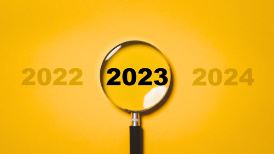 Graphic of a magnifying glass over black text that reads "2023".