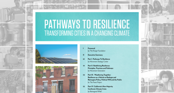 The cover page of "Pathways to Resilience: Transforming Cities in a Changing Climate" on a black and white photo collage background.