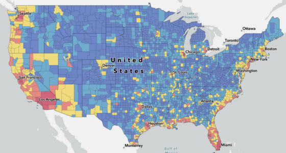 A map of the United States with counties and census tracts shown in different colors, ranging from red to blue.