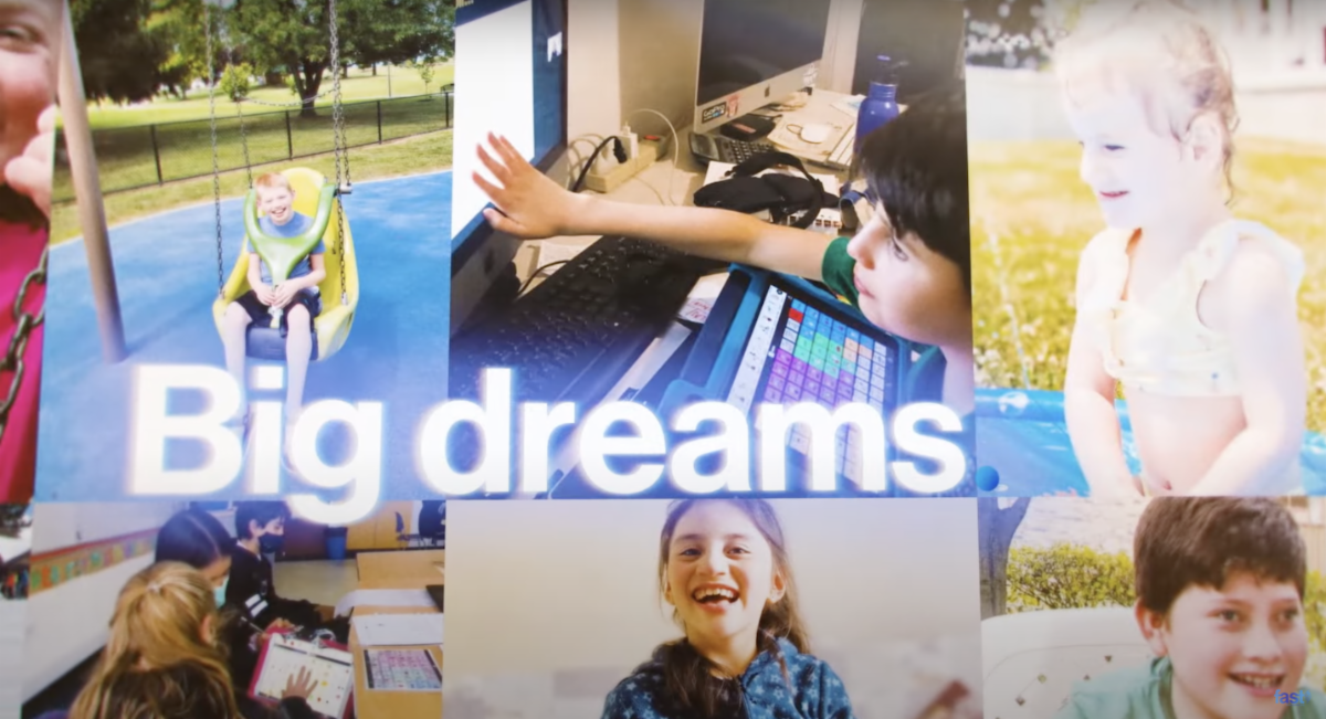 Screenshot from the 2022 Gala video with the text Dream Big and photos of children with AS
