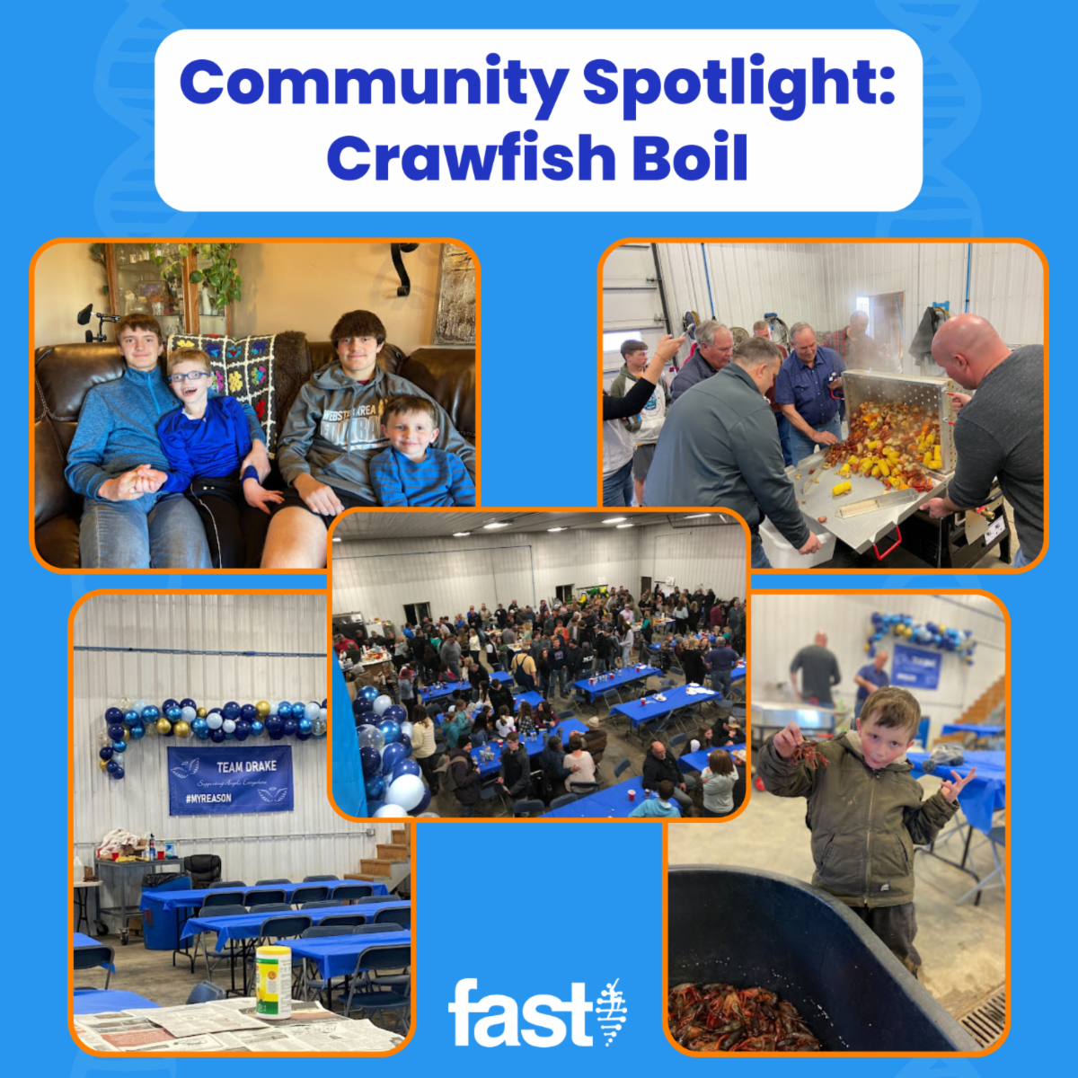 Community Spotlight: Crawfish boil, with photos of the children at the event, adults boiling crawfish, a boy posing with a crawfish, the Team Drake poster, and the huge crowd at the event
