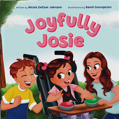 The book cover for Joyfully Josie, showing Josie, her mom, and her friend