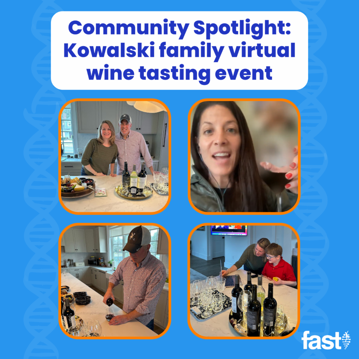 Community Spotlight: Kowalski family virtual wine tasting event, with photos of Danielle and Jeff Kowalski in their kitchen, Allyson Berent speaking on Zoom, Danielle with Bruce, and Jeff pouring wine