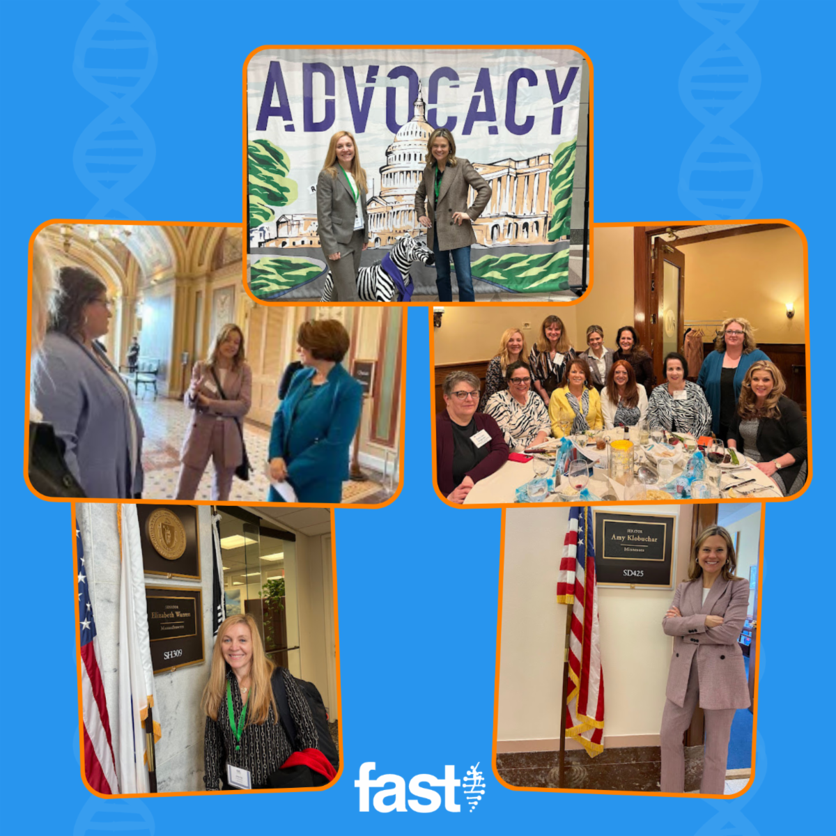Photos of Karly Werner and Jennifer Panagoulias in Washington DC for Rare Disease Week; clockwise from bottom left: Jennifer at Senator Warren's office, Karly speaking with Senator Klobuchar, Jennifer and Karly posing in front of a poster with a zebra in front of the Capitol and the text 'ADVOCACY', Jennifer and Karly with other representatives of rare disease organizations at dinner, and Karly at Senator Klobuchar's office