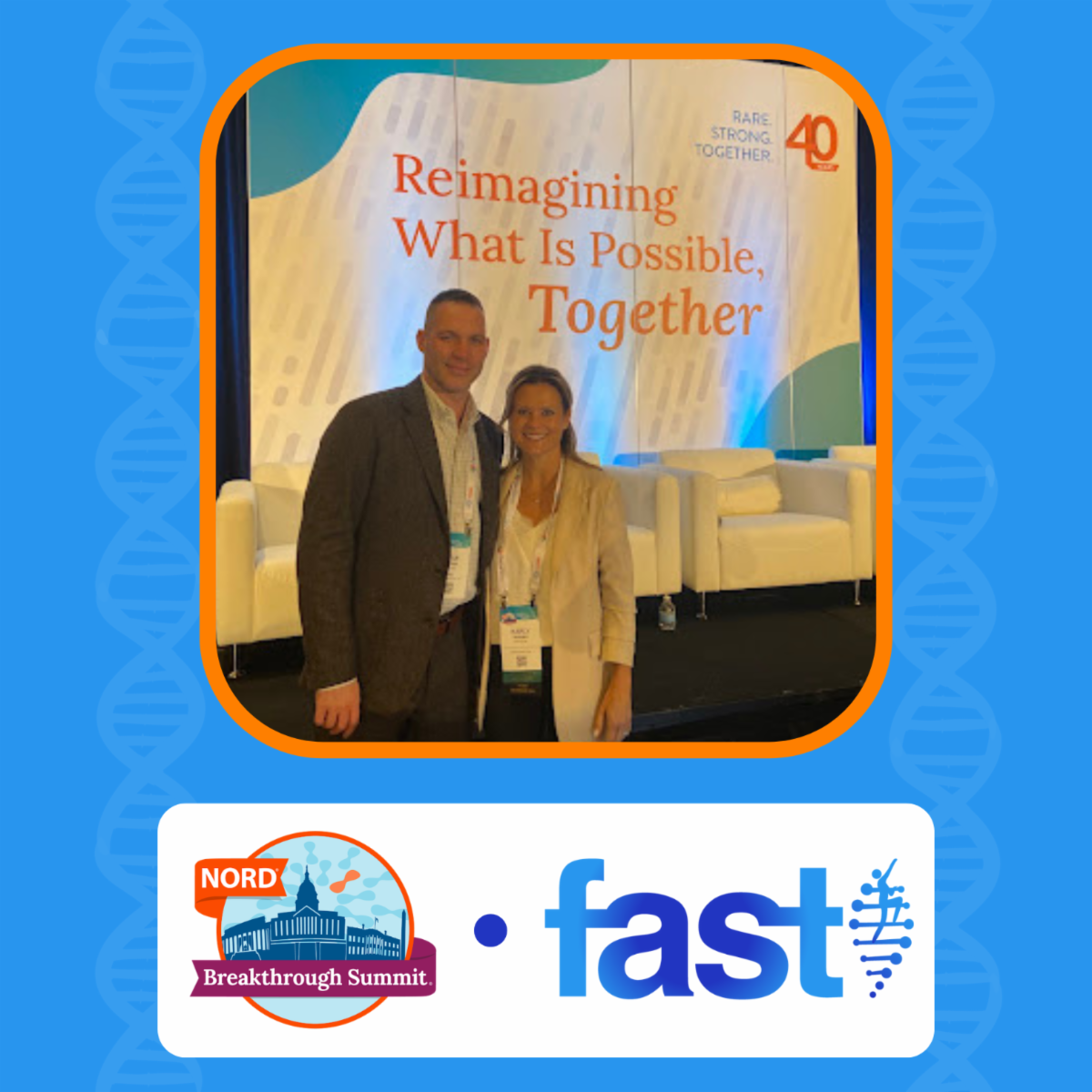 A photo of Ryan Fischer and Karly Werner at the NORD Summit, with the NORD and FAST logos