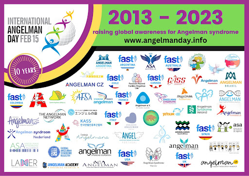 International Angelman Day February 15 - 2013-2023, raising global awareness for Angelman syndrome, with logos of global AS organizations