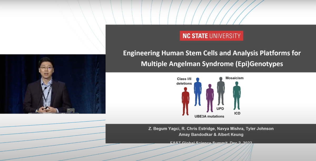 Dr. Keung speaking at the 2022 Summit, with a slide from his presentation titled Engineering Human Stem Cells and Analysis Platforms for Multiple Angelman Syndrome (Epi)Genotypes
