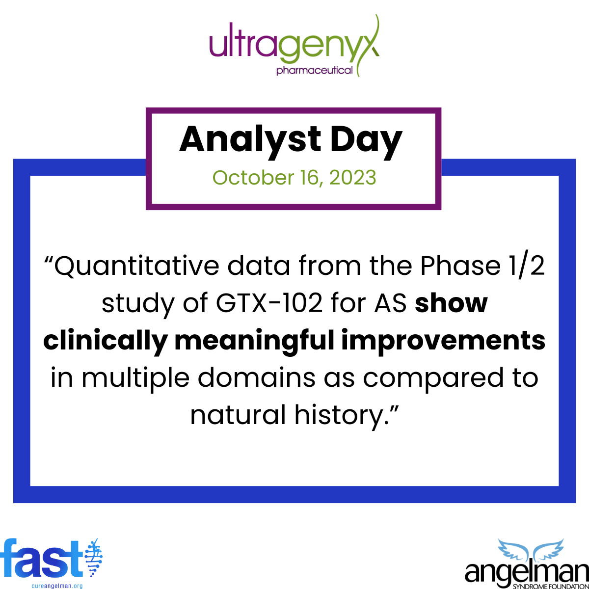 Ultragenyx Pharmaceutical - Analyst Day on October 16, 2023, "Quantitative data from the Phase 1/2 study of GTX-102 for AS show clinically meaningful improvements in multiple domains as compared to natural history."