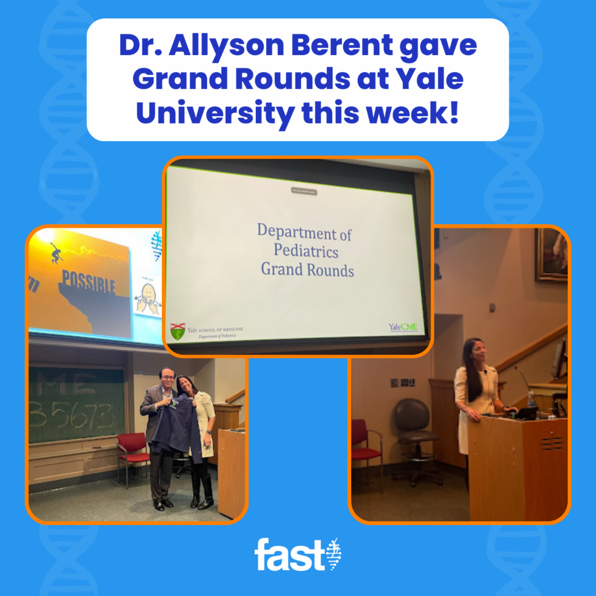 Dr. Allyson gave Grand Rounds at Yale University this week! With photos of Allyson at a podium, speaking at the Grand Rounds, and the screen behind her saying “Department of Pediatrics Grand Rounds”