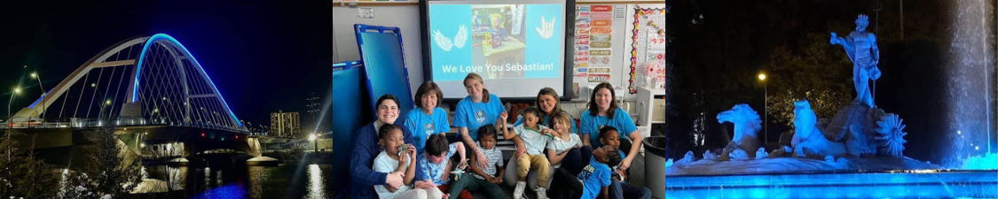 Photos of a bridge lit up blue, a classroom with children and teachers wearing blue, and the Neptune Fountain in Madrid lit up blue