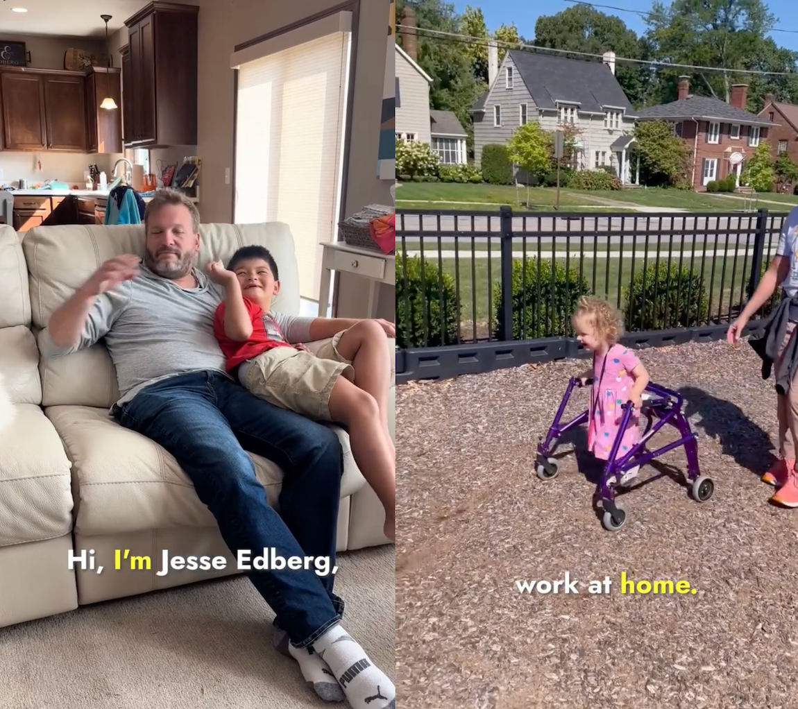 Two instagram screenshots of FAST families with the captions "hi I'm jesse edberg" and "work at home"