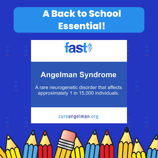 A Back to School Essential! With an image of the Angelman syndrome info card defining AS, and drawings of colored pencils