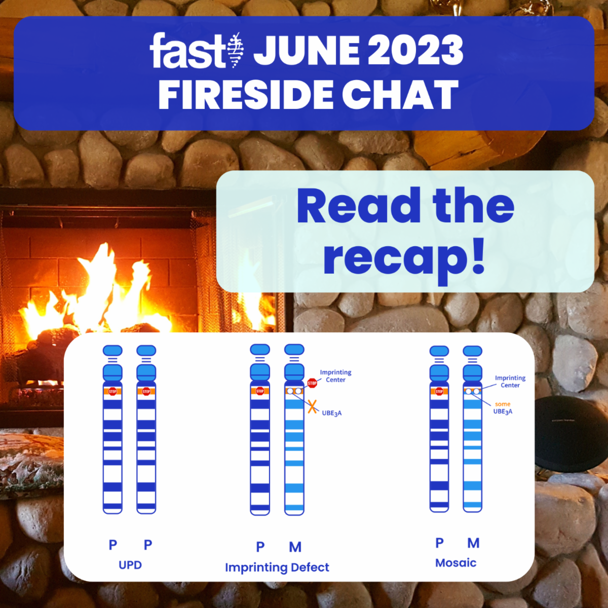 FAST June 2023 fireside chat - Read the recap! With ideograms showing the UPD, Imprinting Defect, and Mosiac genotypes of AS on the 15th chromosome