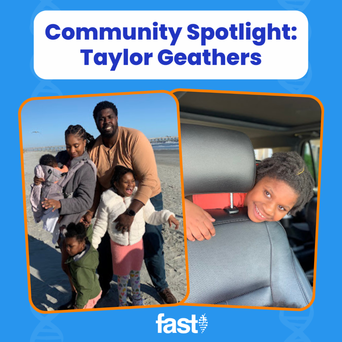 Community Spotlight: Taylor Geathers with a photo of her with her family, and her posing for the camera