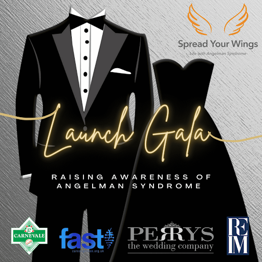 Spread Your Wings Launch Gala - raising awareness of Angelman Syndrome, with a tuxedo and black dress, and the logos for Carnevale, FAST, Perrys, and Reim