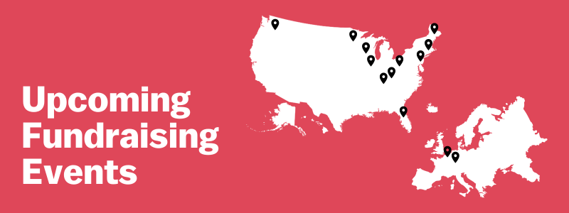 US map with pins of upcoming fundraising events