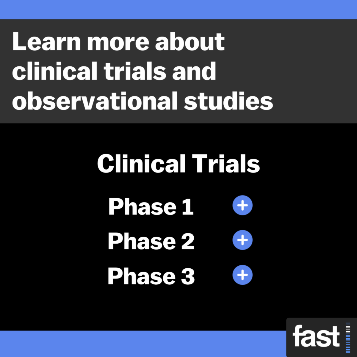 Learn more about clinical trials and observational studies, with a mockup of the webpage showing drop-downs for the three phases of clinical trials