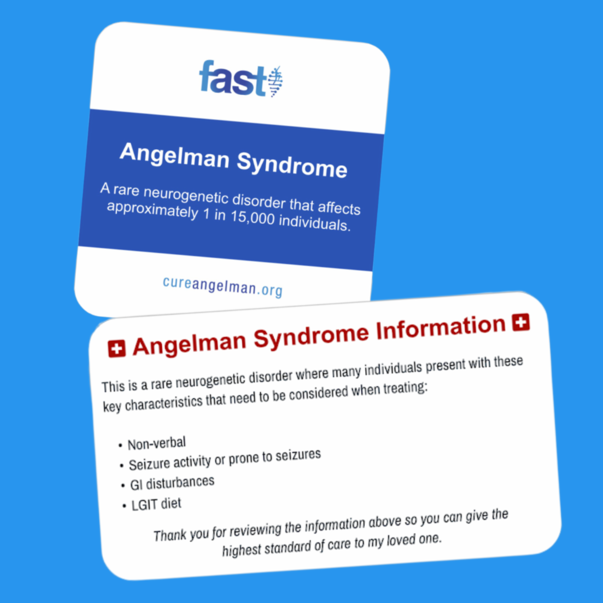Two info cards, one has the definition of Angelman syndrome, and the other shares key characteristics present in those with AS