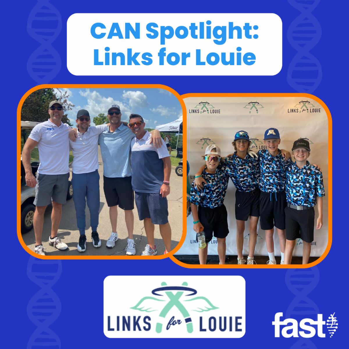 CAN Spotlight: Links for Louie, with photos of adults and kids posing at the event, and the event logo