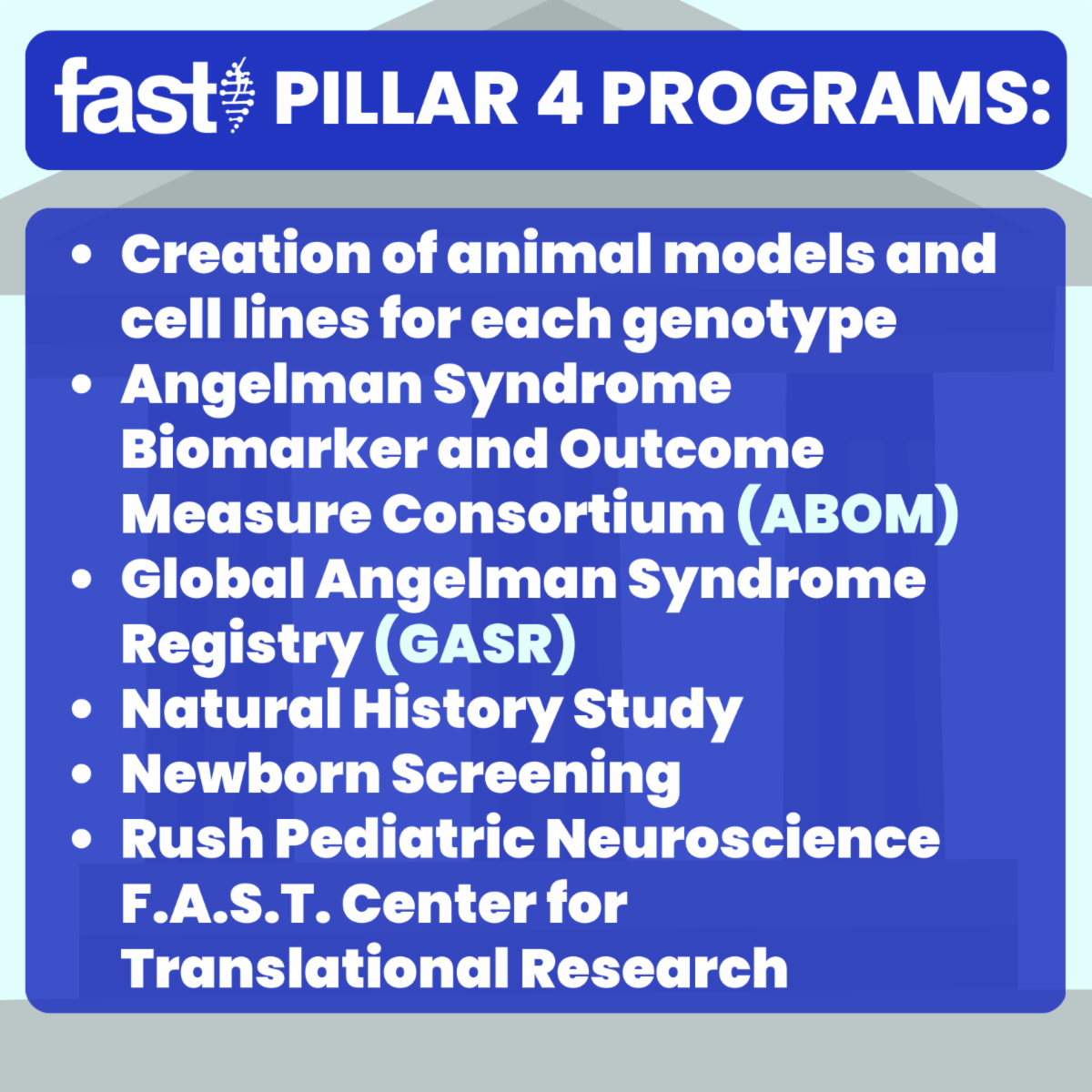 Pillar 4 programs: Creation of animal models and cell lines for each genotype, Angelman Syndrome Biomarker and Outcome Measure Consortium (ABOM), Global Angelman Syndrome Registry (GASR), Natural History Study, Newborn Screening, Rush Pediatric Neuroscience F.A.S.T. Center for Translational Research
