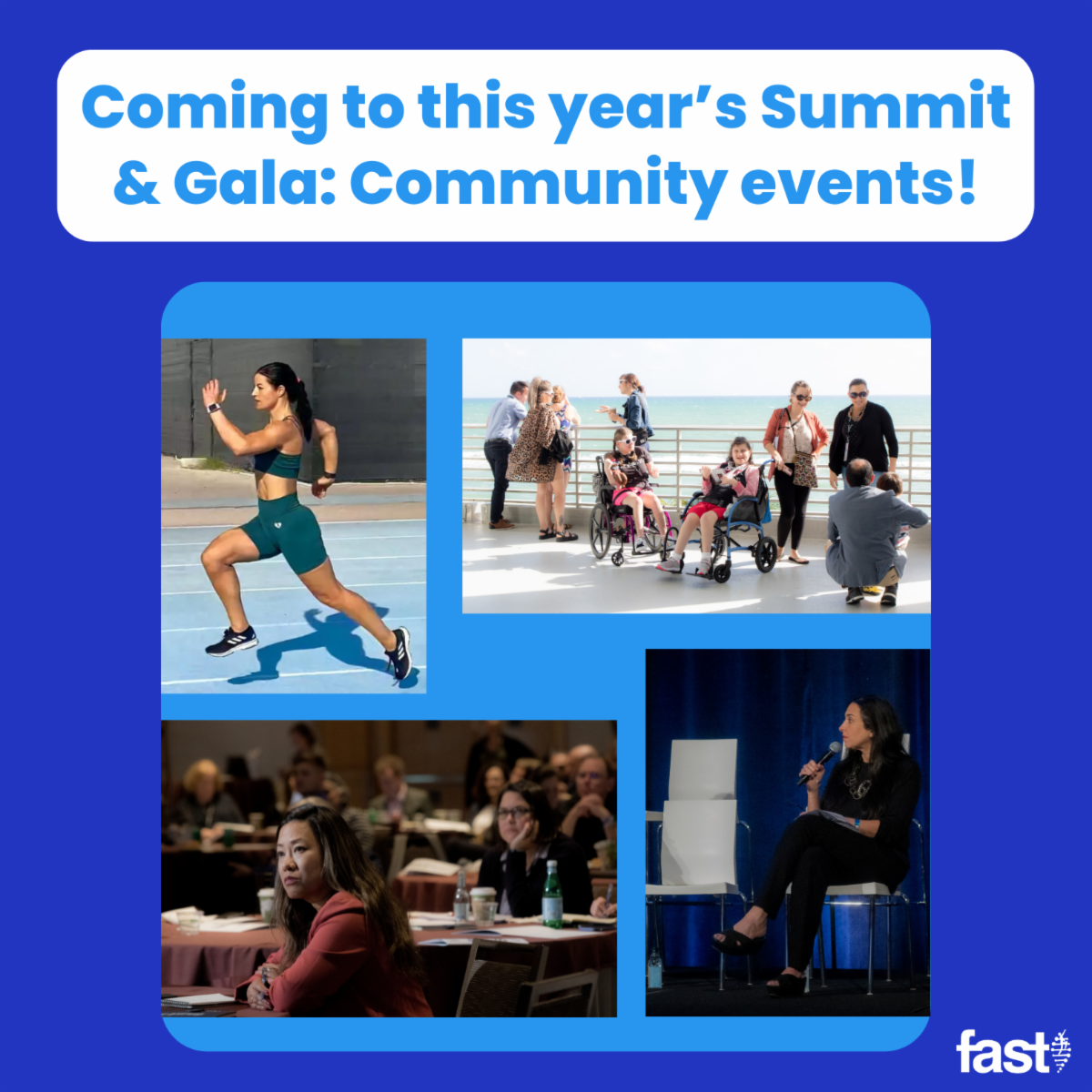 Coming to this year’s Summit & Gala: Community events! With photos of Rhian Adams running, families at the 2022 Summit & Gala outside, attendees listening at an event in 2022, and Alana speaking at the 2022 Summit