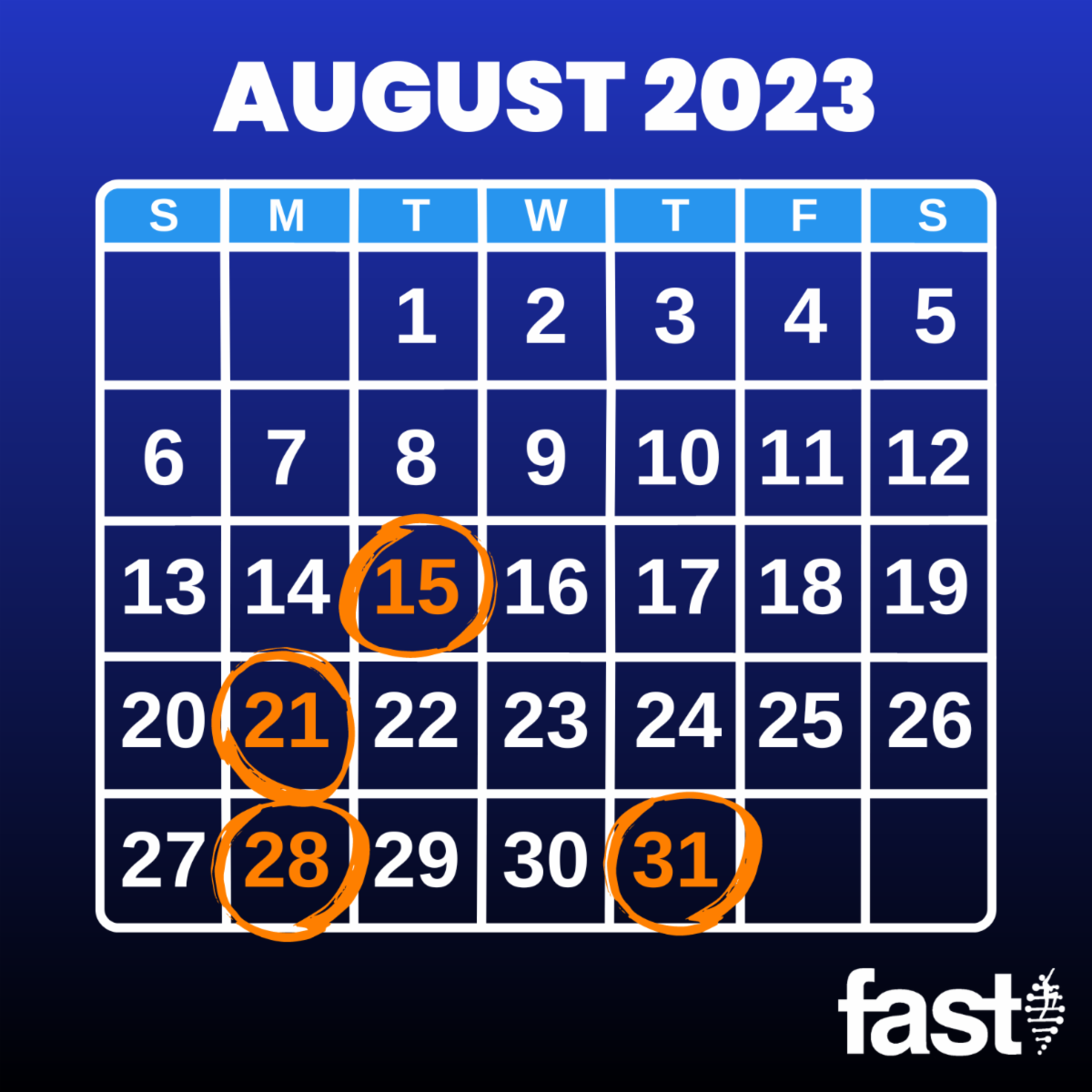 August 2023 calendar with 8/15, 8/21. 8/28, and 8/31 circled